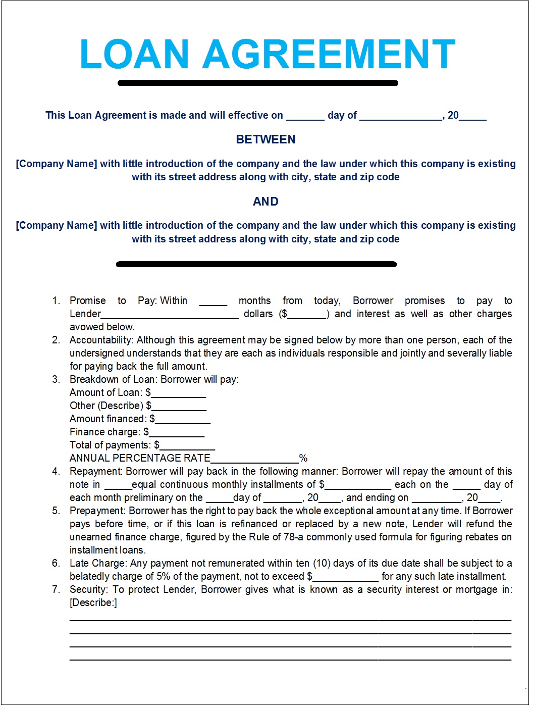 Loan Agreement Template - Excel Word Template For Blank Loan Agreement Template