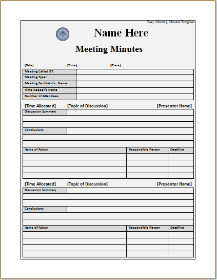 Easy Meeting Minutes Template Excel Word Templates