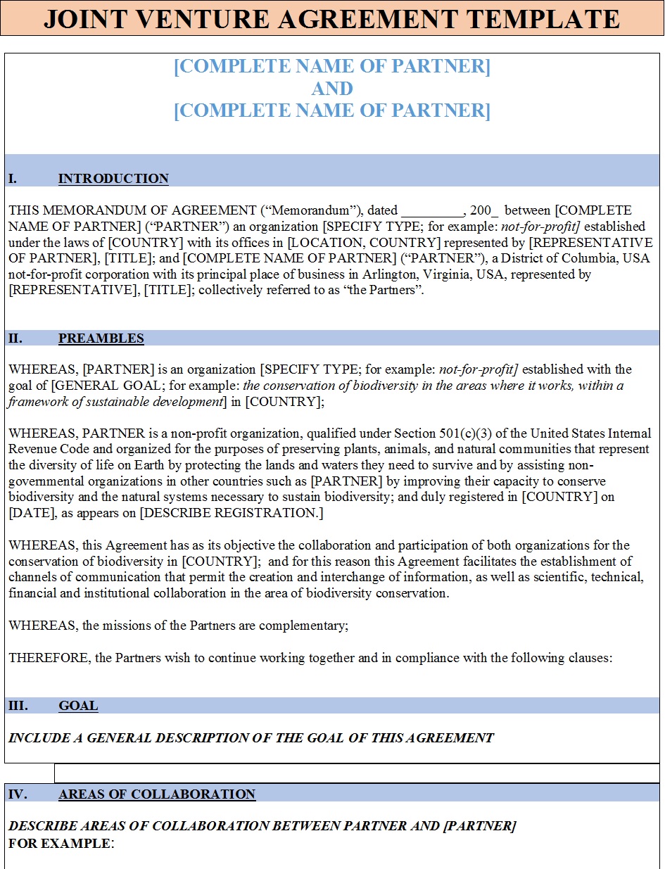 Joint Venture Agreement Template