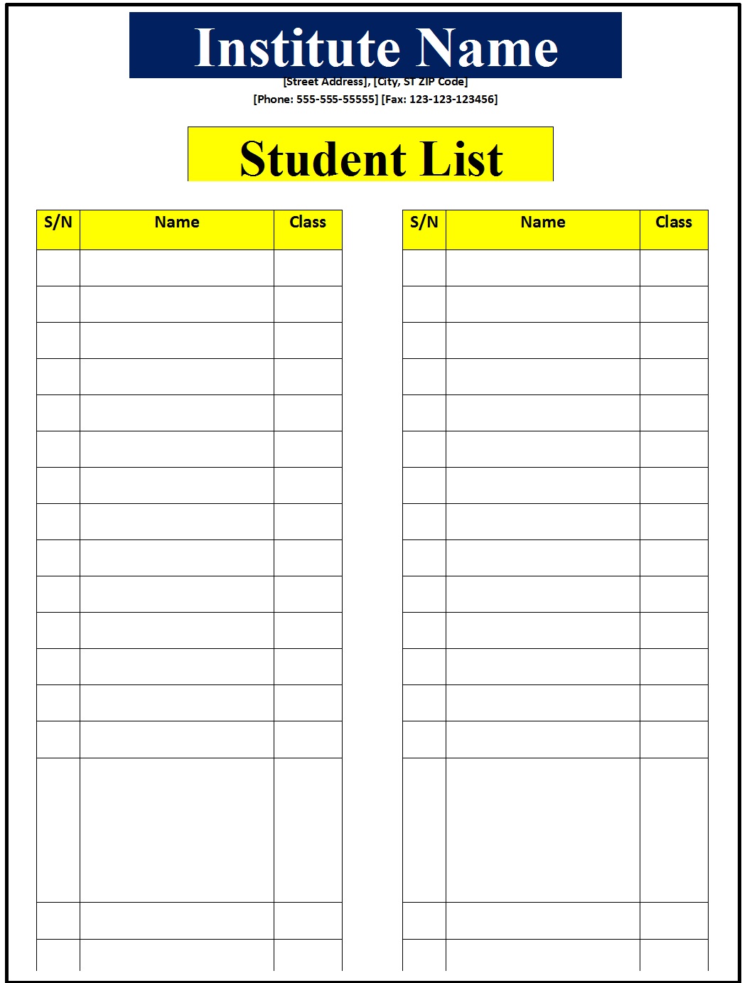 Student List Template Excel Word Template
