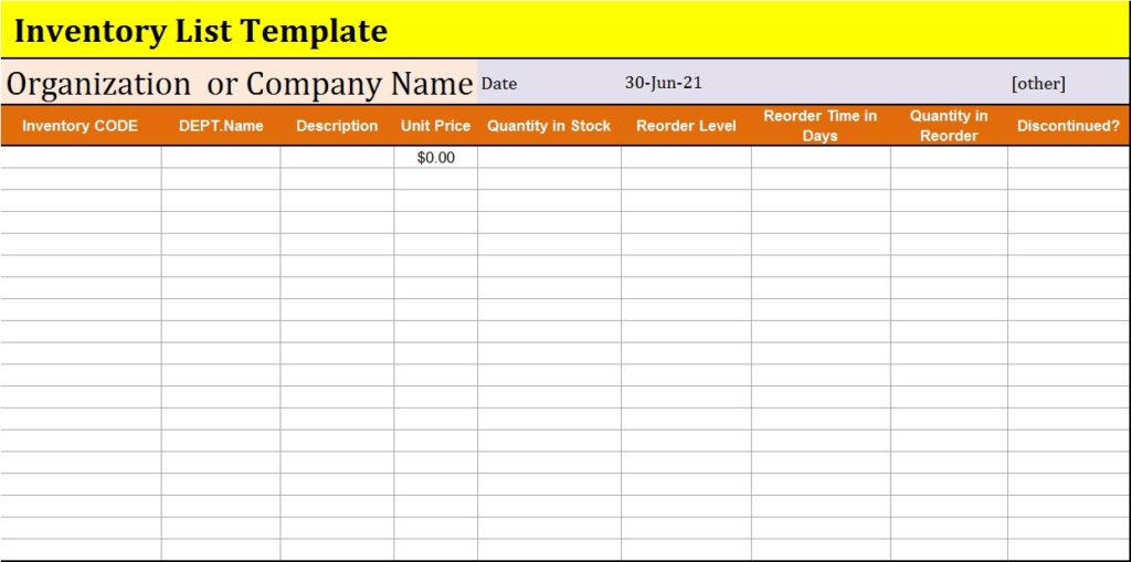 Excel Inventory List Template