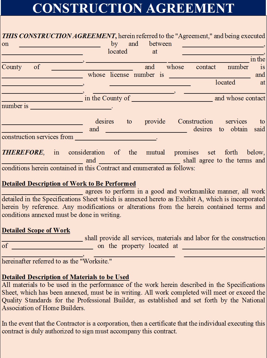 Construction Agreement Template