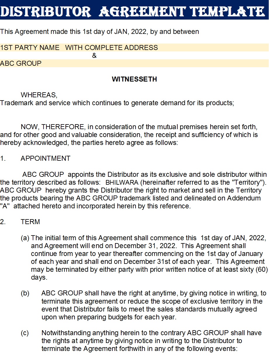 Distributor Agreement Template