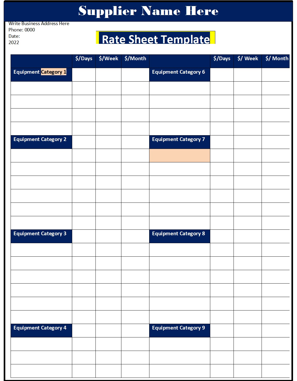 Rate Sheet Template