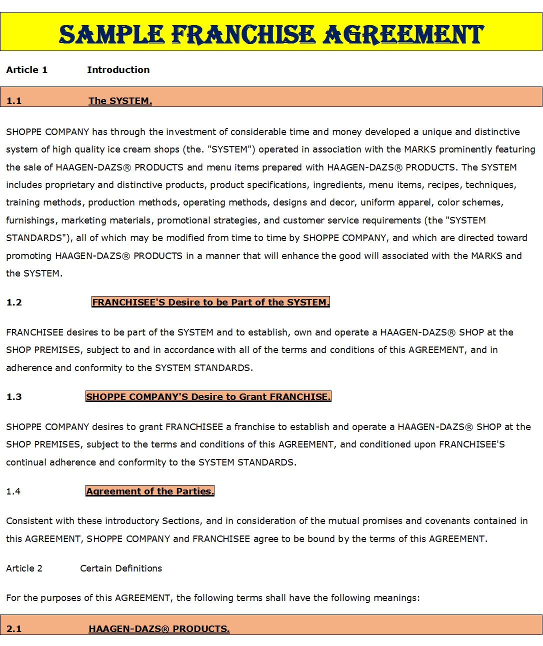 Franchise Agreement Template