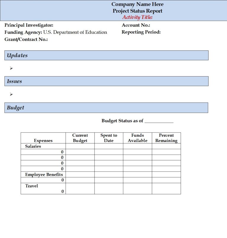 Project Status Report Templates Excel Word Template