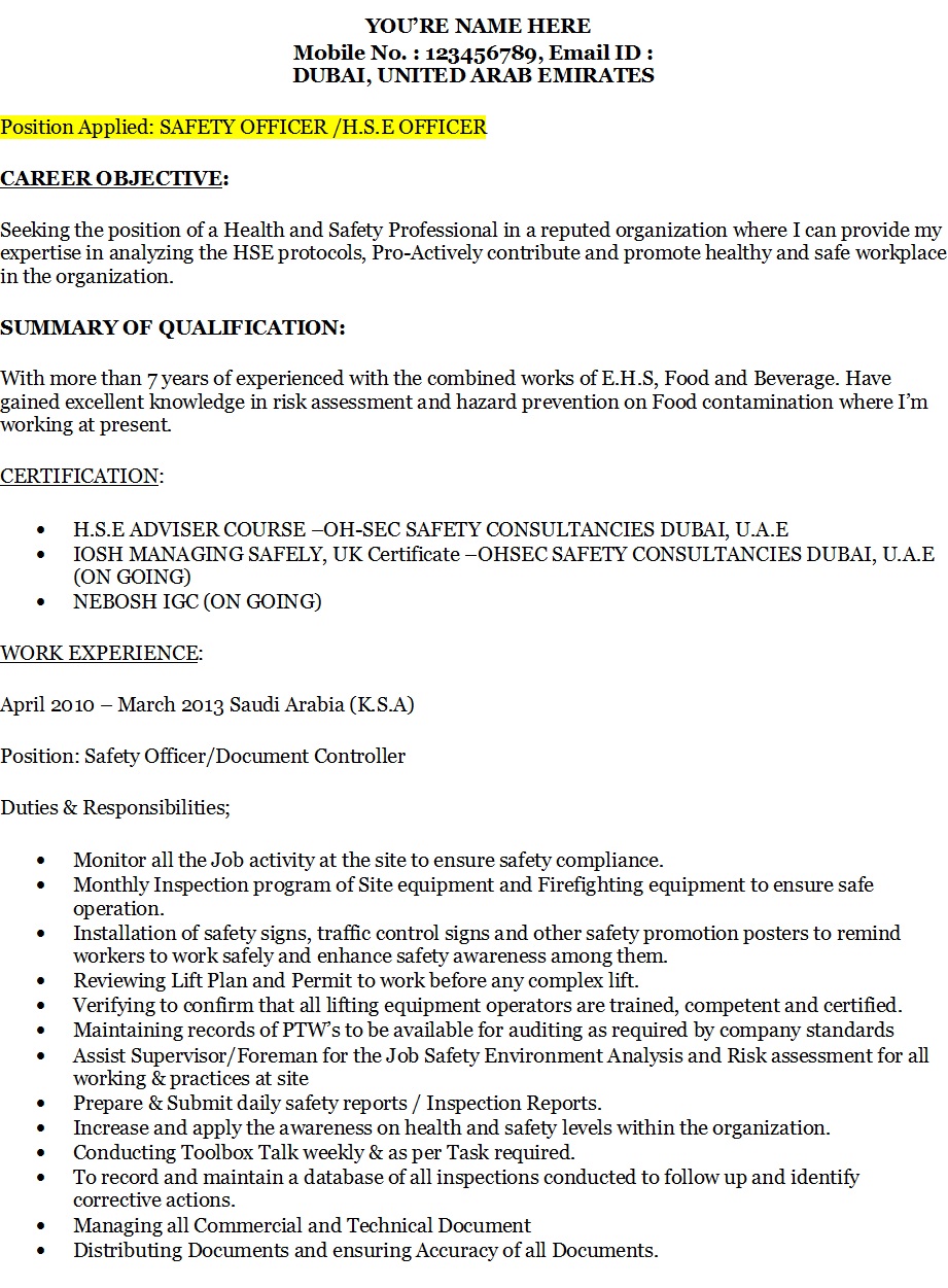 Safety Officer Resume Template