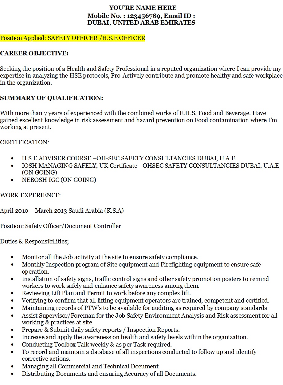 safety officer resume format free download