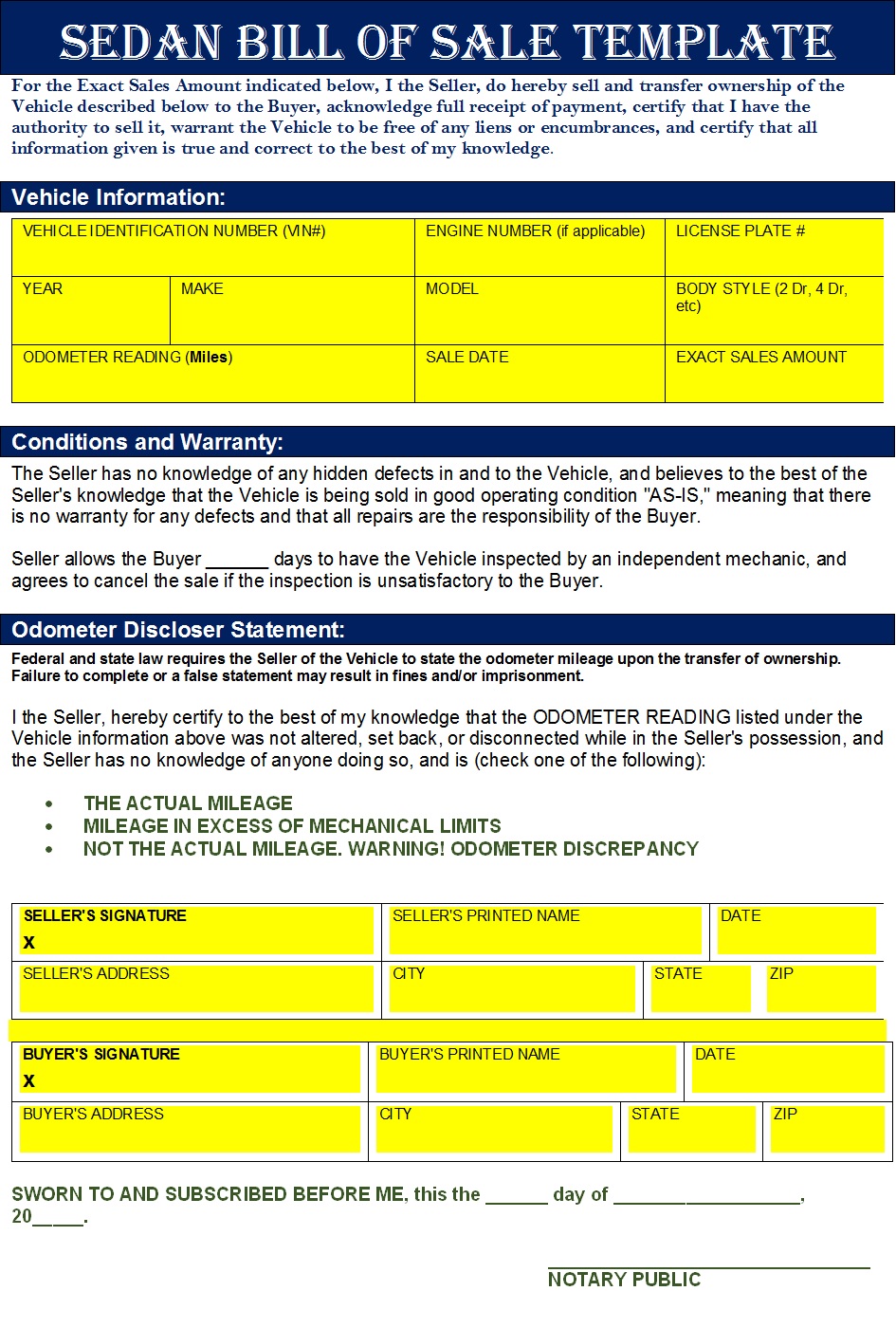 Sedan Bill of Sale Templates