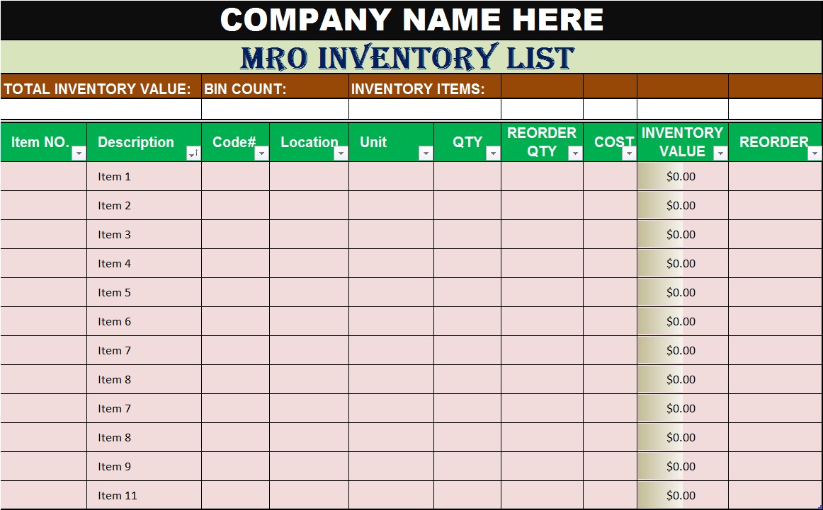 M.R.O. Goods Inventory List Templates