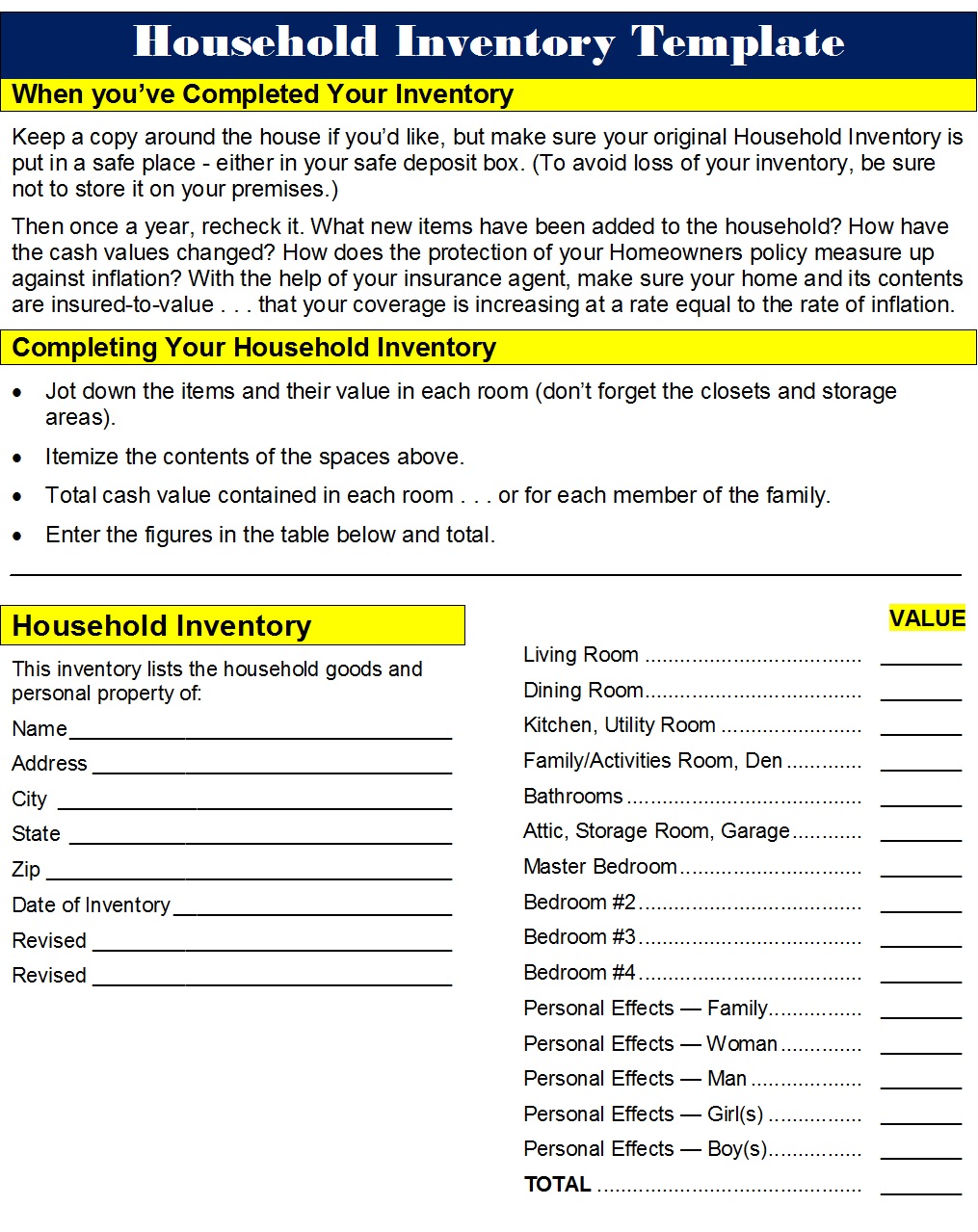 Household Inventory List Templates