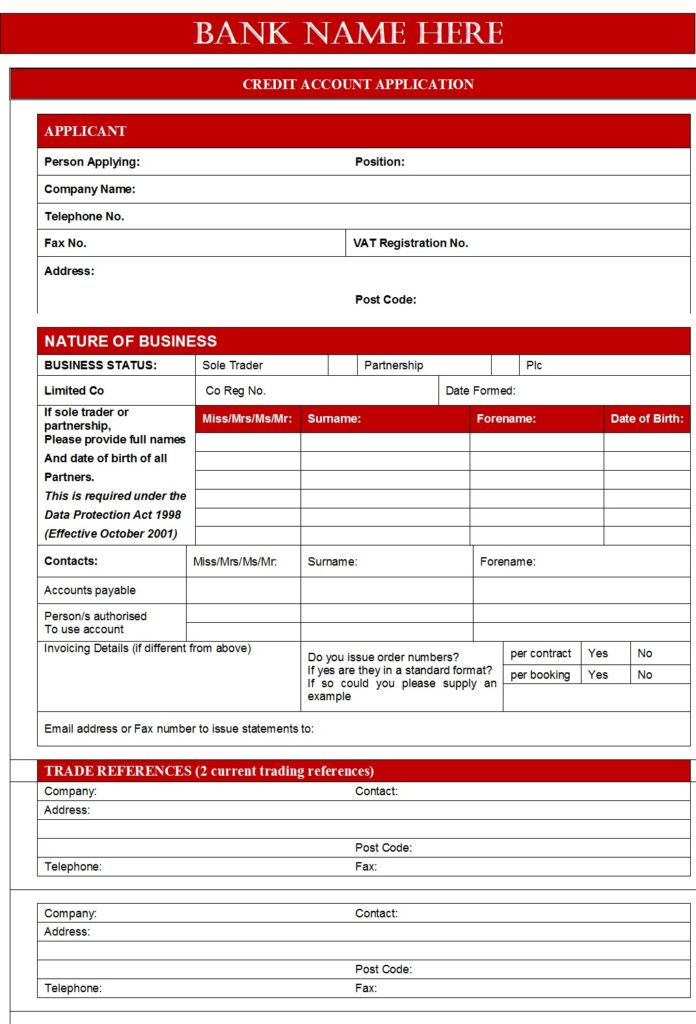 business credit application form template excel