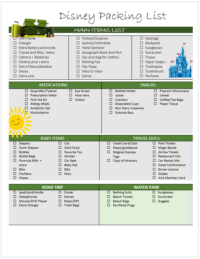 Disney Packing List Templates