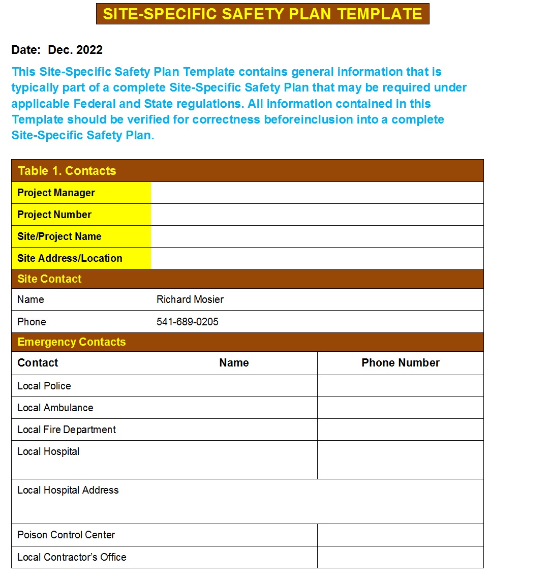 Site-Specific Safety Plan(SSSP) Templates