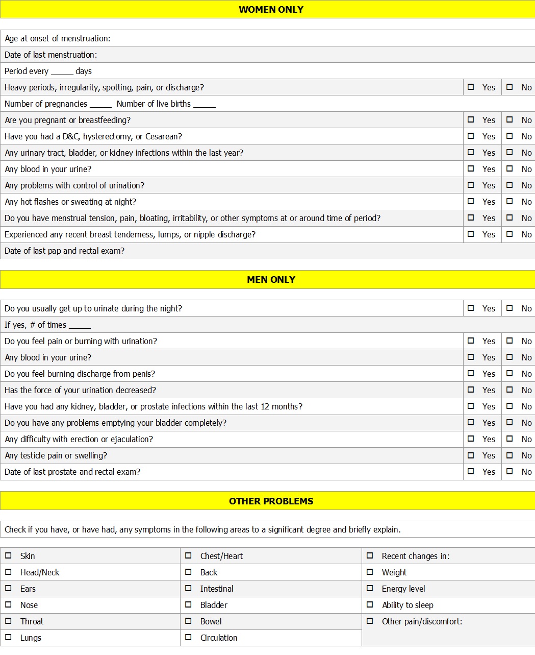 Medical Health History Form Templates