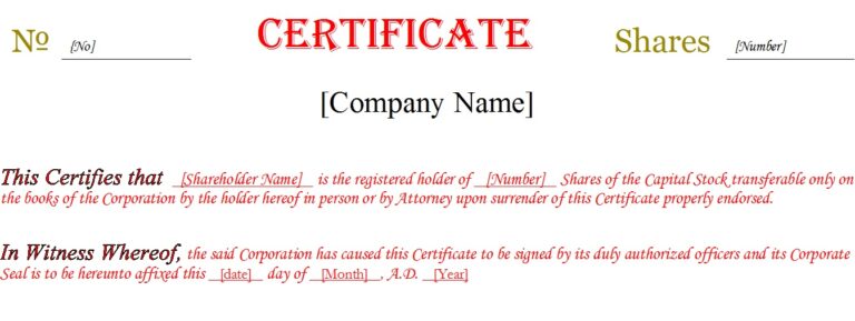 Shareholder Certificate Templates Excel Word Template