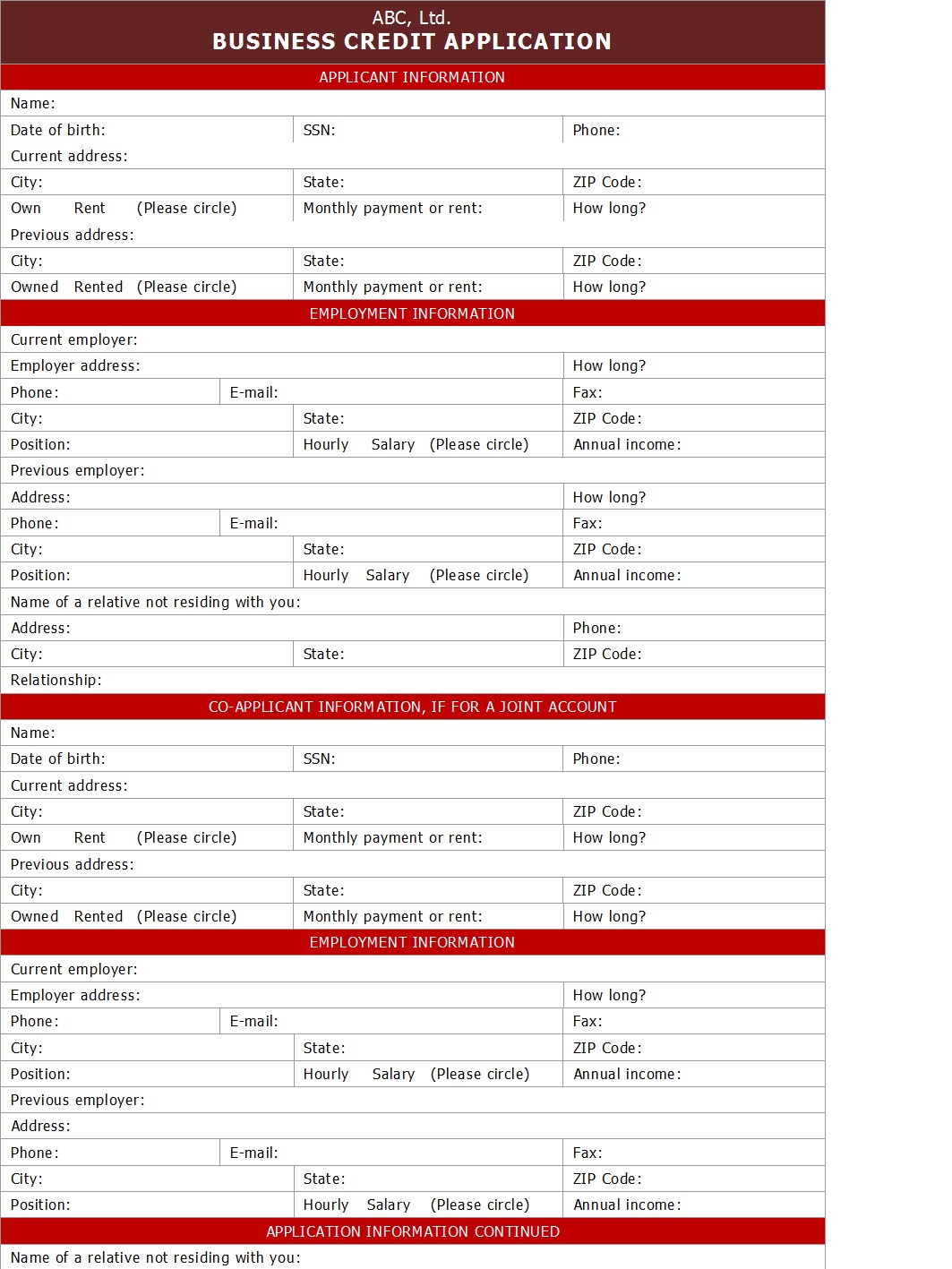 Business Credit Application Samples