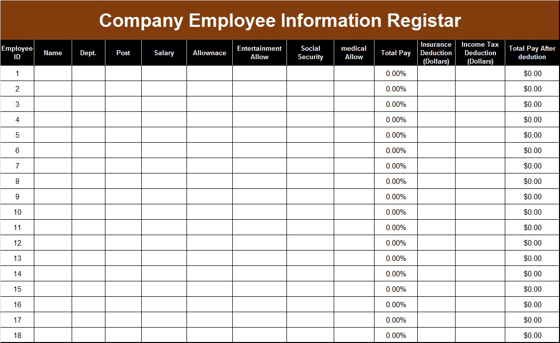 Employee Information Register Templates