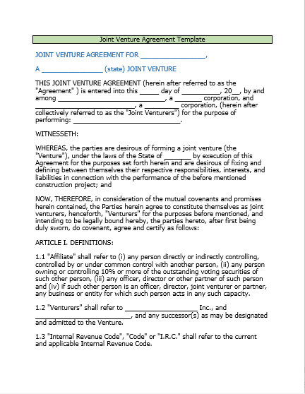 Joint Venture Agreement Templates