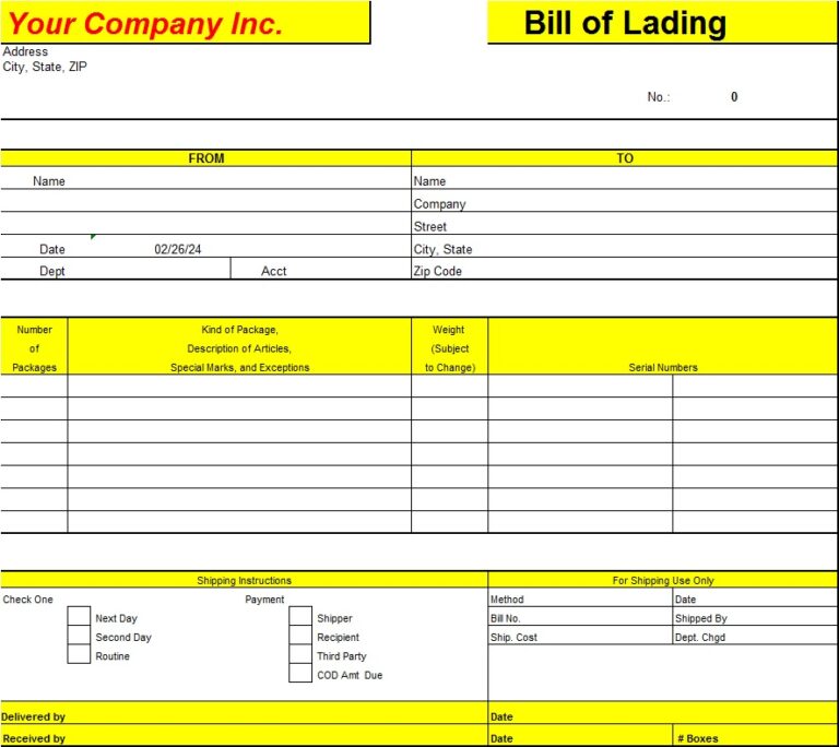 sample bill of lading template word