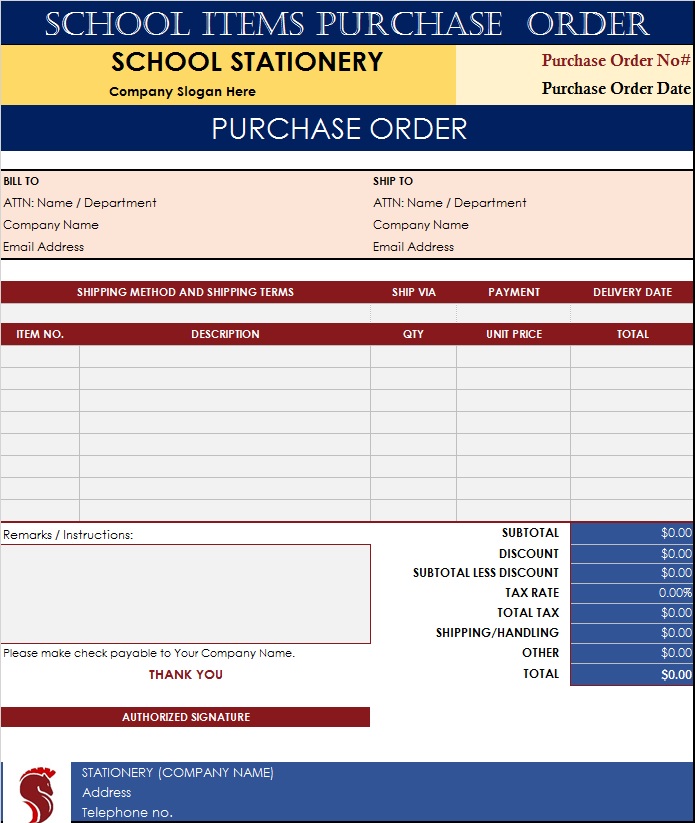 School Items Purchase Order Templates