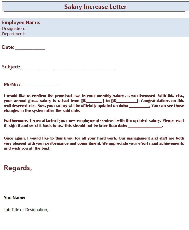 Salary Increase Letter Templates Excel Word Template