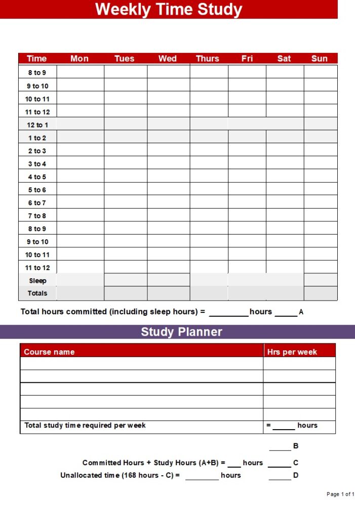 Study Time Schedule Template (For Students) - Excel Word Template